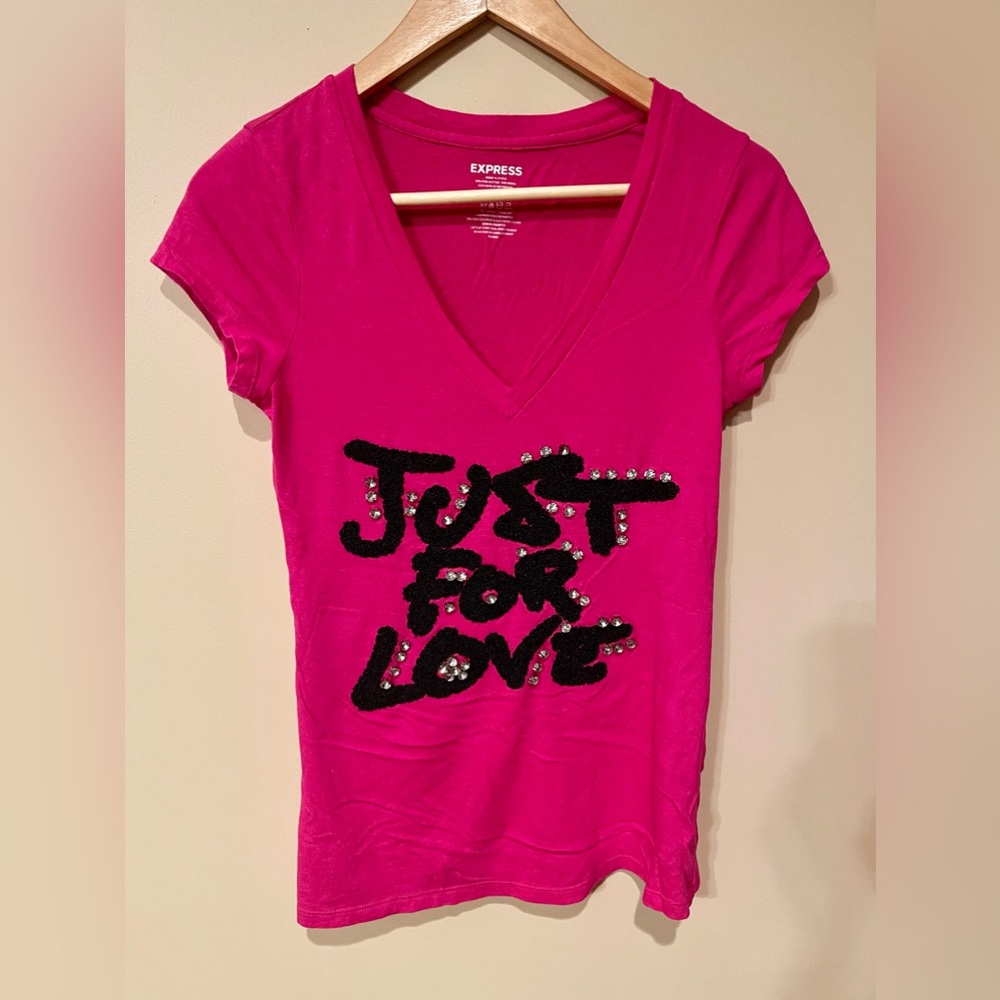 EMBROIDERED / BEADED SHORT SLEEVE TEE - “JUST FOR LOVE” - SIZE S